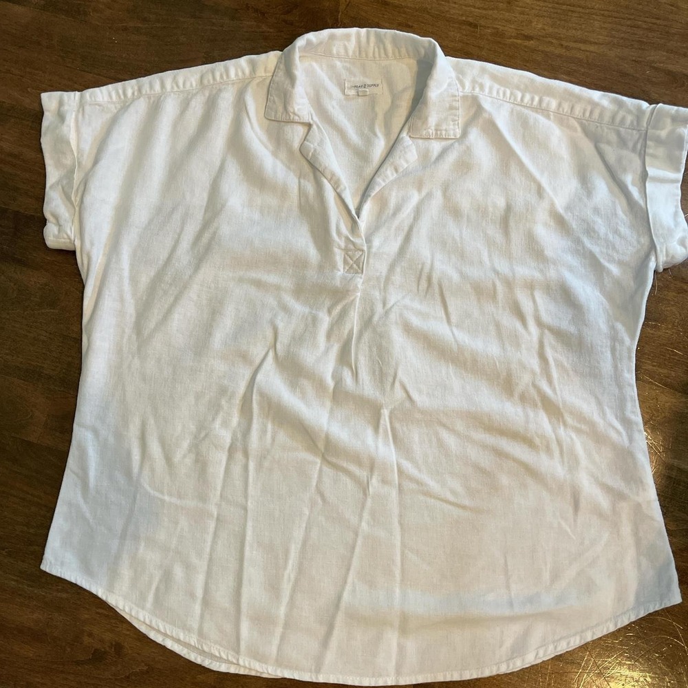 Linen blend short sleeve white top coquette Prairie costal euro